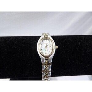 Vintage Elgin two tone gold silver ladies analog watch, working, 7" with band